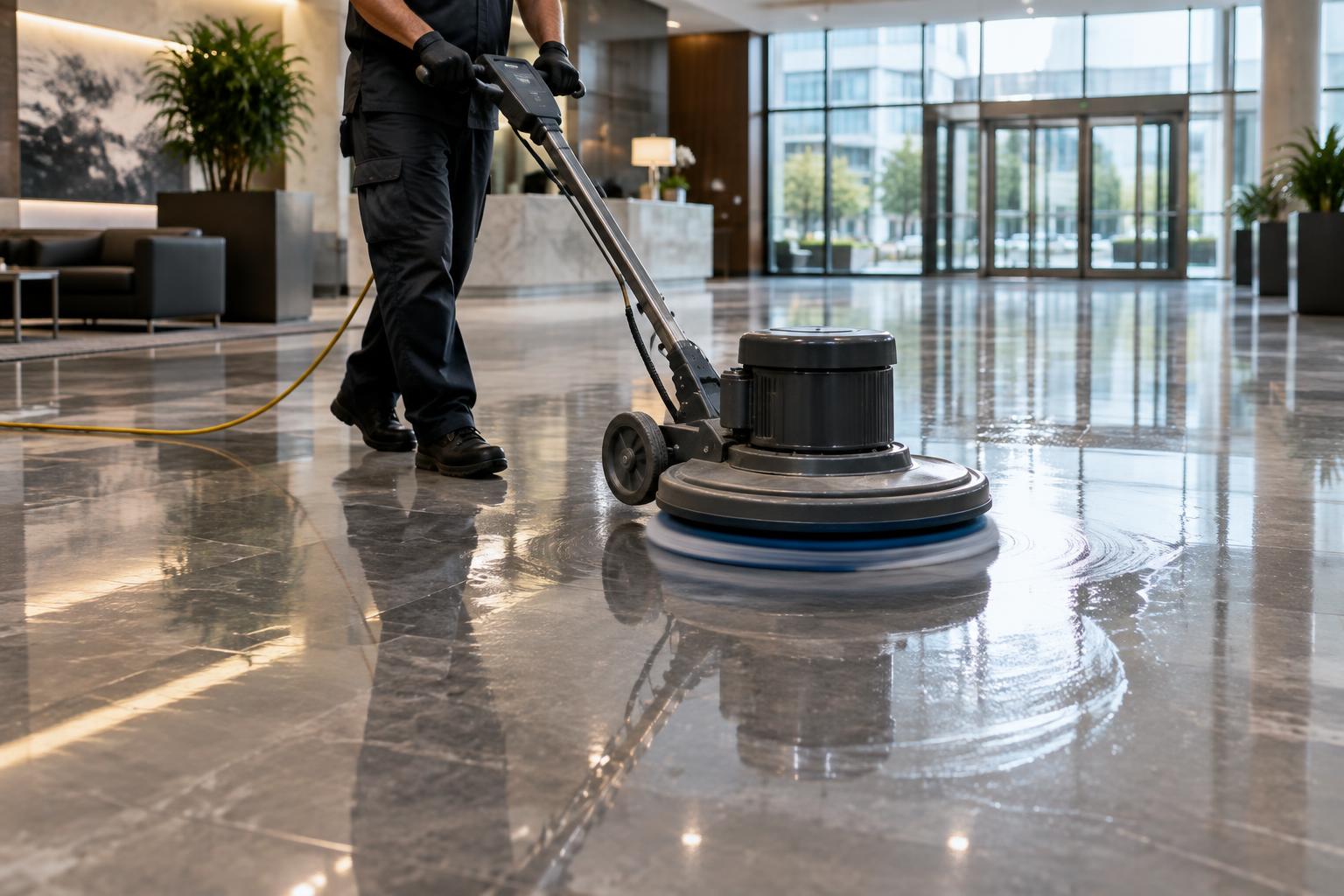 A commercial floor buffer restoring shine to an office lobby floor