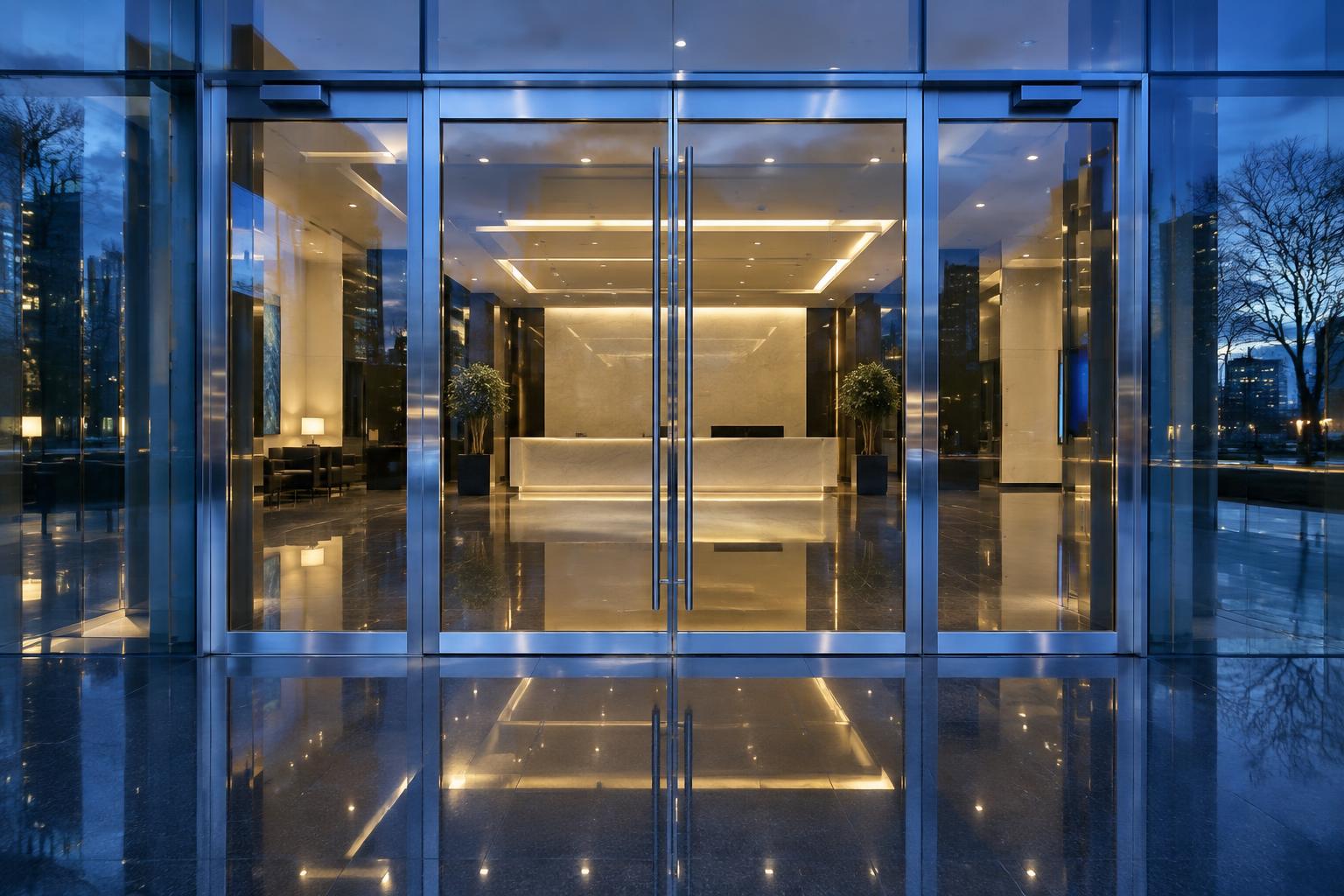 A spotless glass office lobby entry