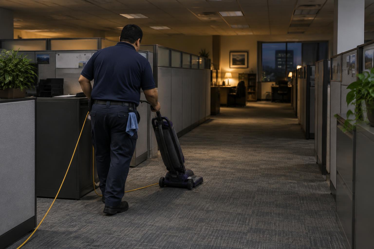 After-hours cleaning in a carpeted office corridor