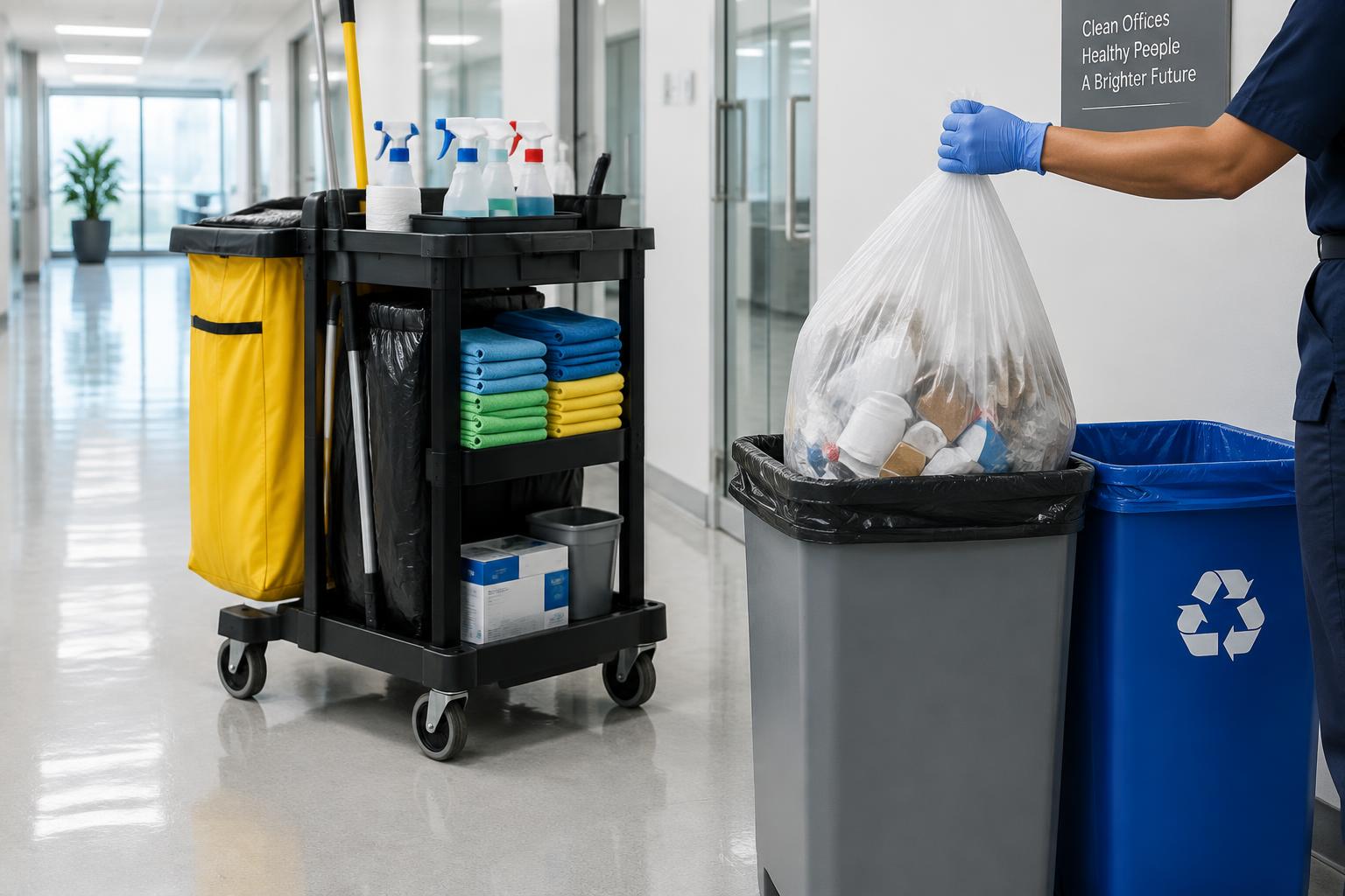 A janitorial cart and waste service in a commercial office corridor